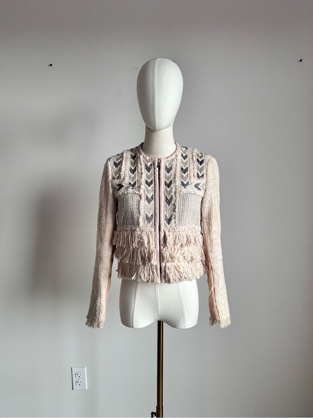 rebecca taylor tweed fringe leather trim jacket cream size 2